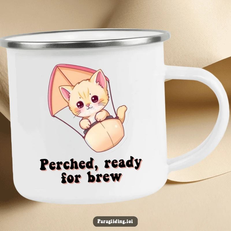 Funny Kitten Paraglider Camping Mug with a curious kitten enjoying a scenic flight, durable for outdoor adventures.