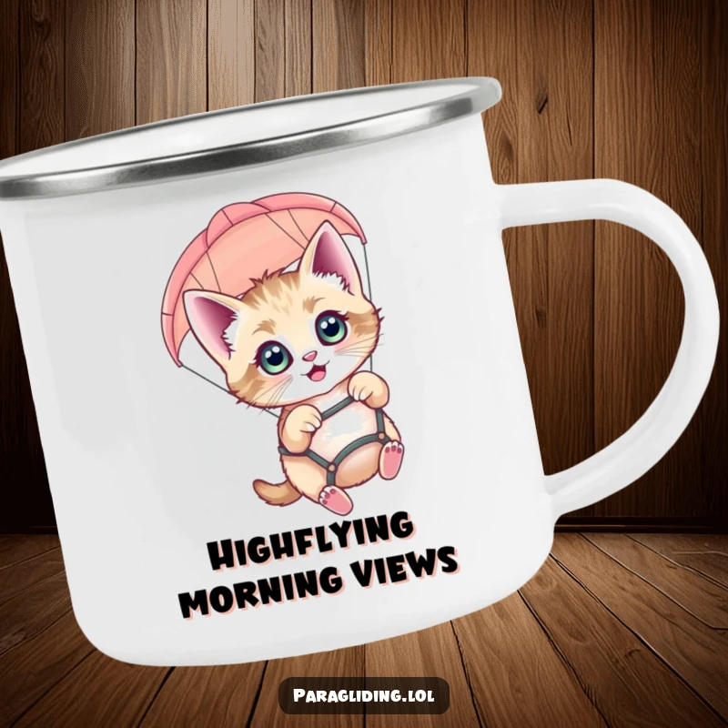 Funny paragliding kitten camping mug, a tough mug with a happy, wide-eyed cat paragliding.
