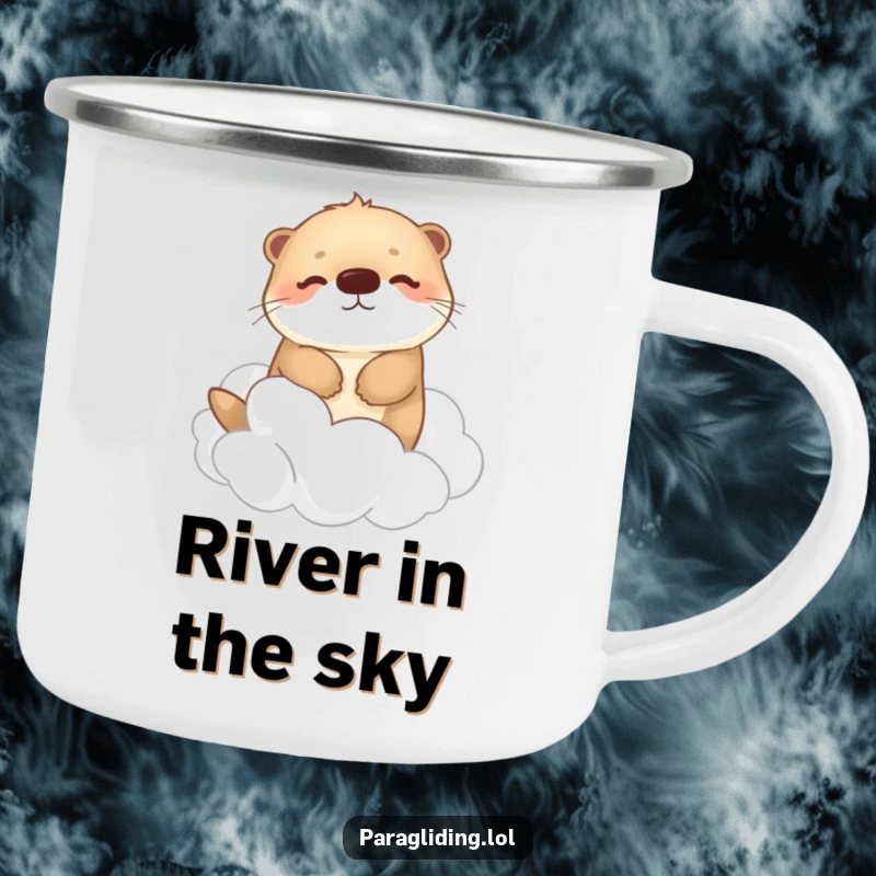 Funny camping mug with a happy, fluffy otter drifting peacefully among fluffy clouds, perfect for enjoying beverages during outdoor adventures with a touch of serenity.