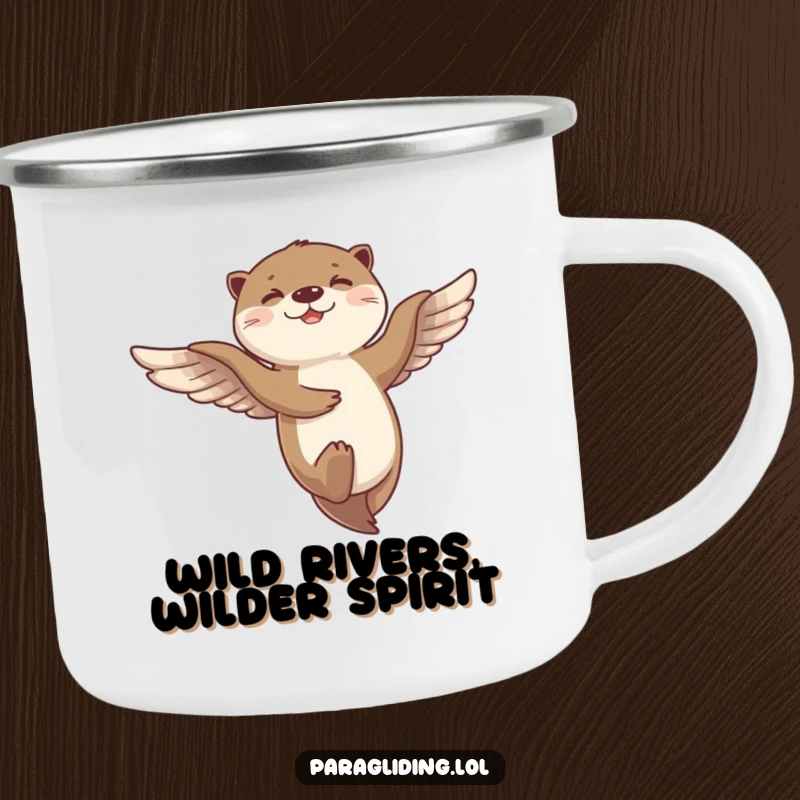 Funny camping mug with a giggling otter dancing in mid-air on the breeze, perfect for outdoor enjoyment.