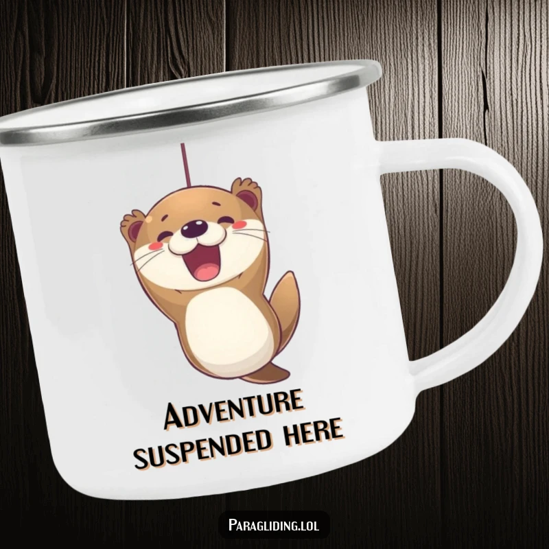 Funny otter paragliding camping mug, with a joyful otter suspended mid-flight, built for outdoor adventures and smiles.