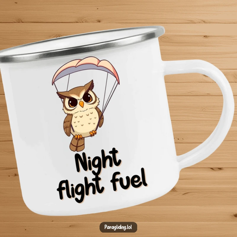 Funny Owl Camping Mug: A durable camping mug with a funny image of a determined owl paragliding, offering a wise viewpoint.