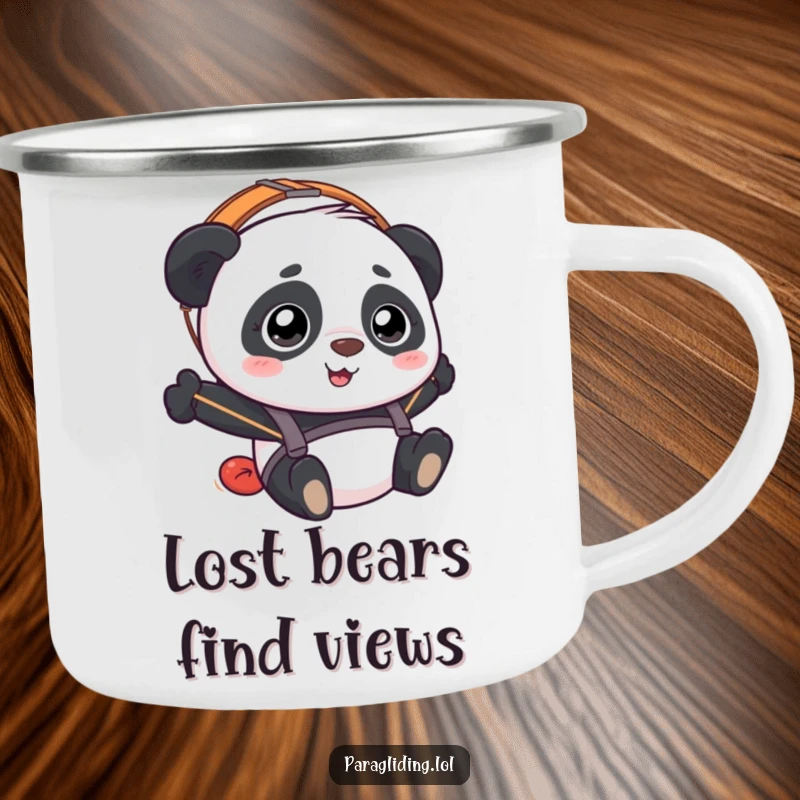 Funny Panda Paraglider Camping Mug showing a panda's bewildered yet happy face during a paragliding flight, for outdoor fun.