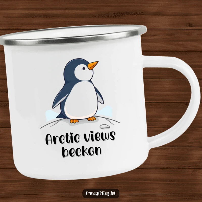 Funny penguin camping mug, a rugged cup with a penguin observing from a paraglider, great for outdoors.