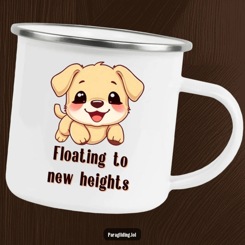 Funny puppy camping mug, smiling puppy drifting gently downward on a cloud, outdoor drinkware, cute pet illustration.