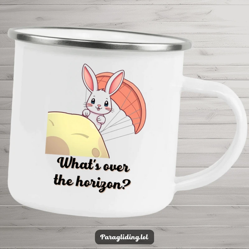 Funny rabbit paraglider camping mug showing a curious bunny peeking, a humorous and durable mug for adventures.