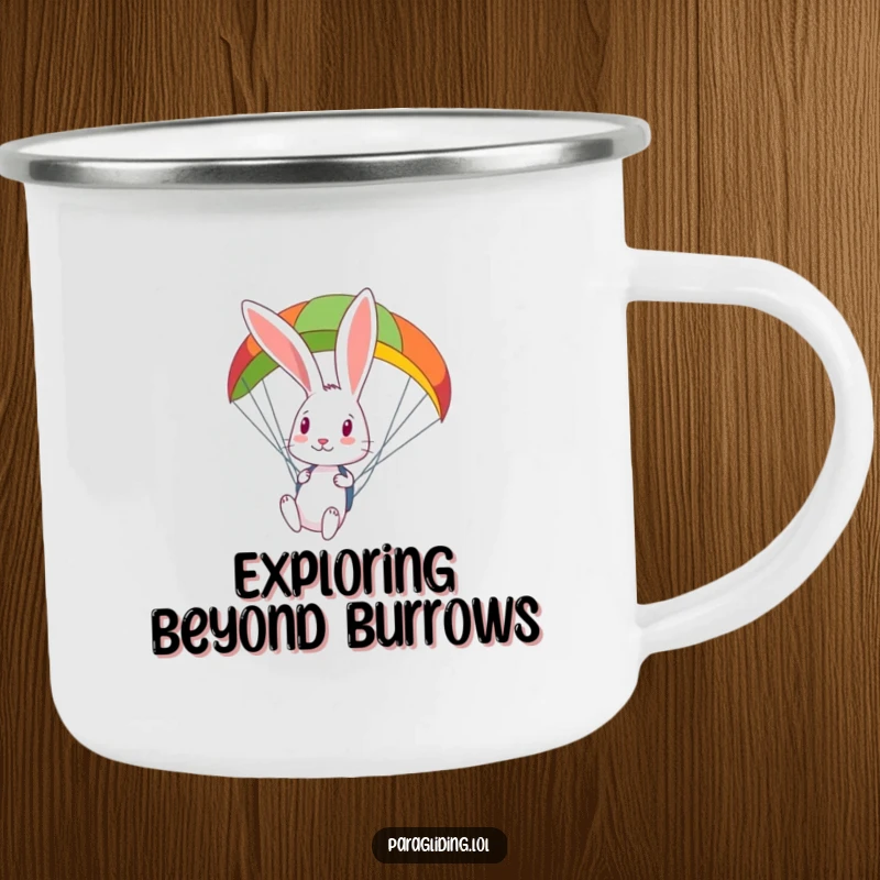 Funny curious rabbit looks down from a colorful paraglider on a camping mug, perfect for sipping curious adventures.
