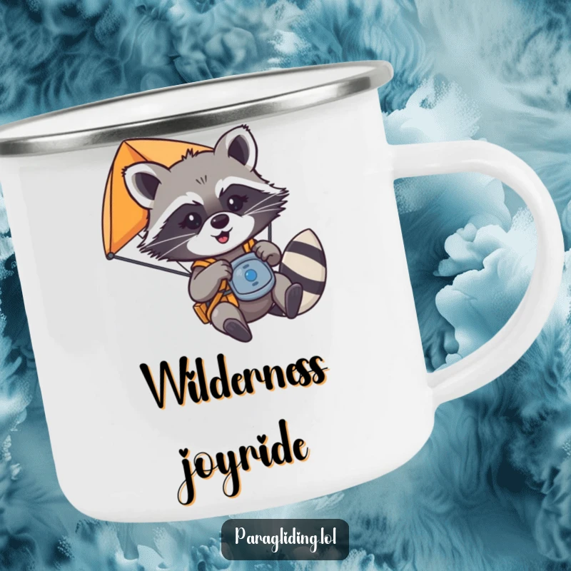 Funny mischievous raccoon playfully tugging on paraglider controls, on a camping mug, a great funny gift.