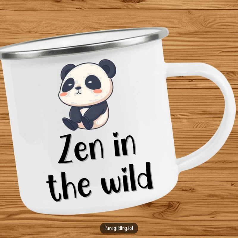 Funny shy panda camping mug, with a shy panda calmly drifting through the sky, built for peaceful outdoor moments.