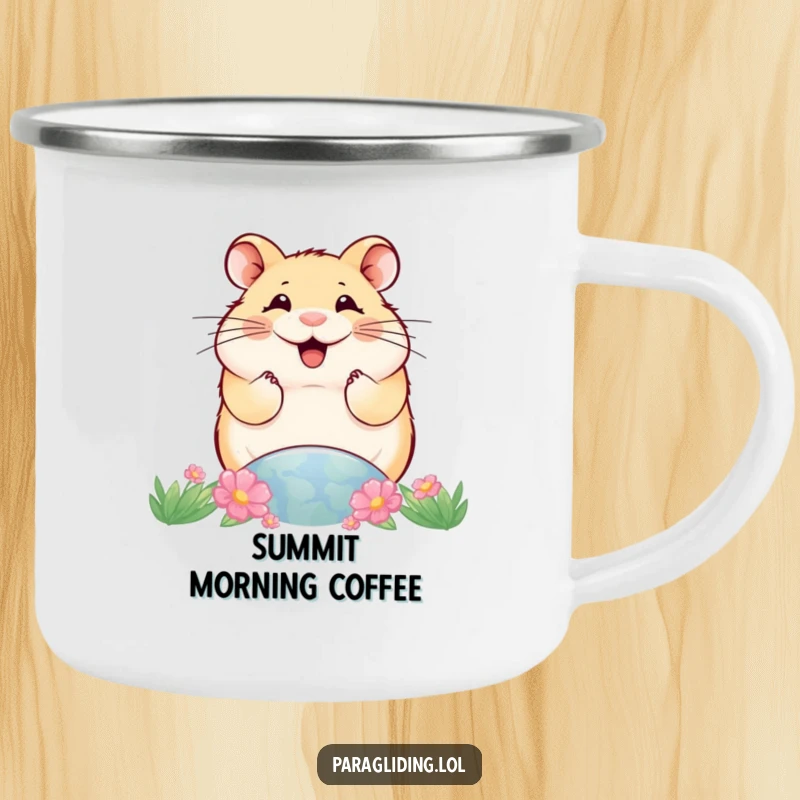 Funny camping mug depicting a smiling hamster viewing the world from above, perfect for outdoor lovers with a humorous outlook.