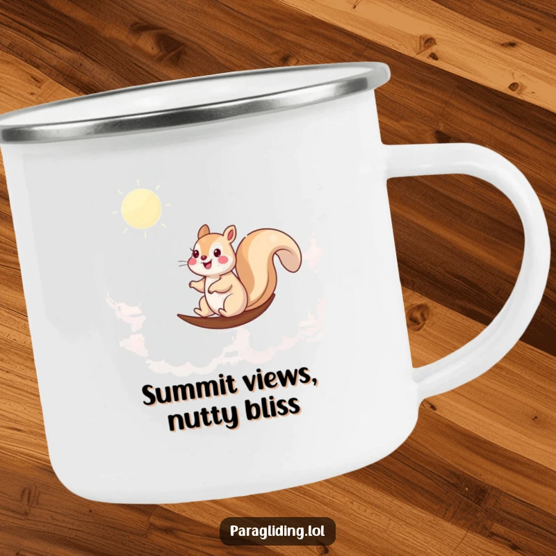 Funny camping mug with a happy squirrel sailing through the clouds, perfect for enjoying drinks outdoors.