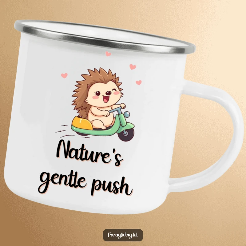 Funny camping mug depicting a happy hedgehog enjoying a breeze, perfect for outdoor lovers who appreciate cheerful humor.