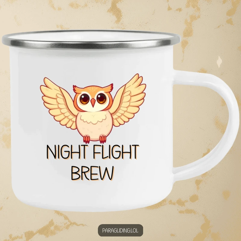 Funny happy owl, soaring through the sky, on a rugged camping mug, a wise funny gift.