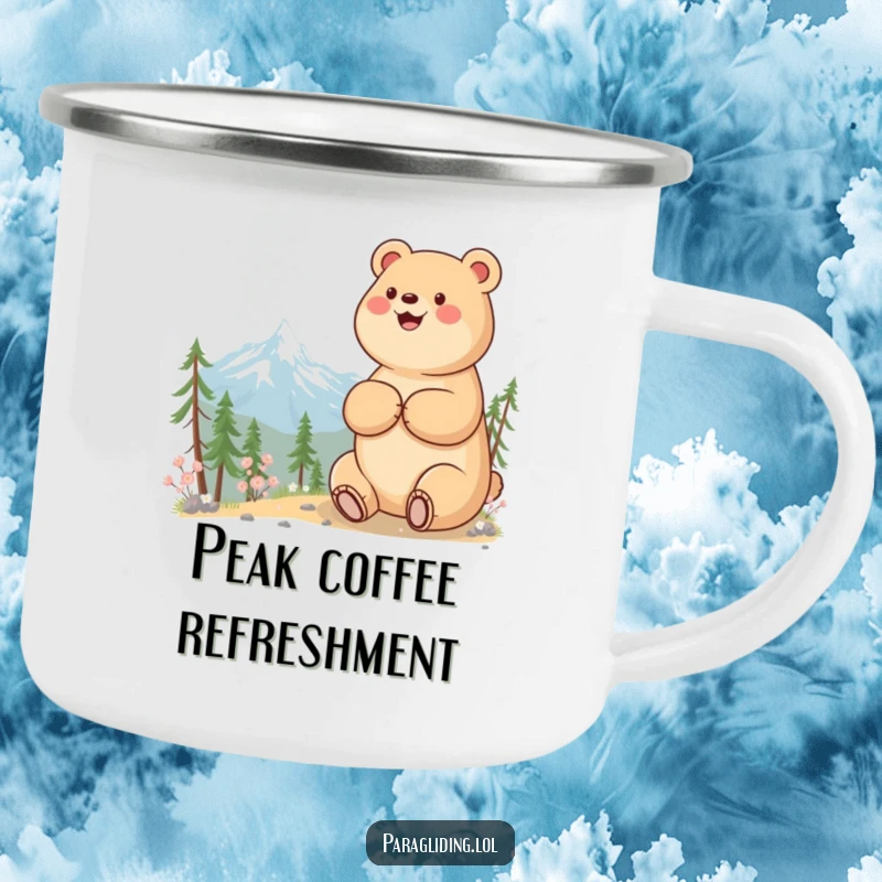 Funny camping mug with a beaming bear observing a mountain view, perfect for enjoying drinks outdoors.