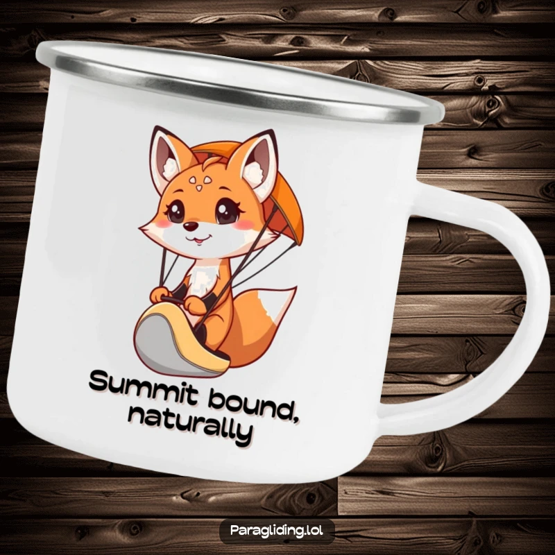 Funny and durable camping mug featuring a determined fox paragliding, ideal for adventurous campers.