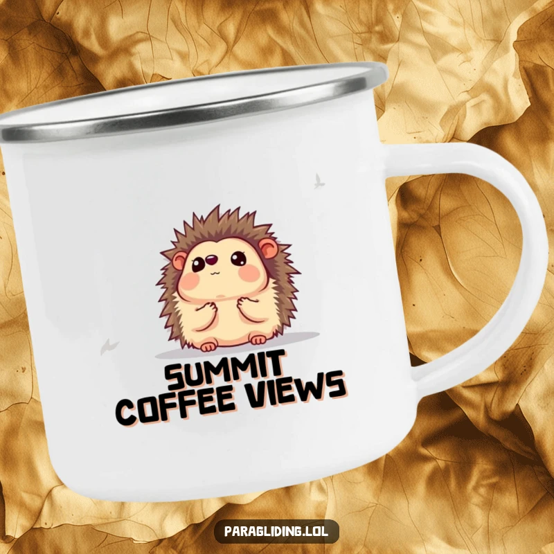 Funny camping mug with a hedgehog looking awestruck at the view below, perfect for outdoor adventures and humor.