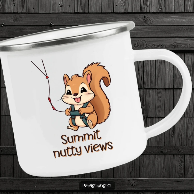 Funny camping mug showing a determined squirrel smiling while holding a paraglider handle, perfect for sipping coffee during outdoor escapades.