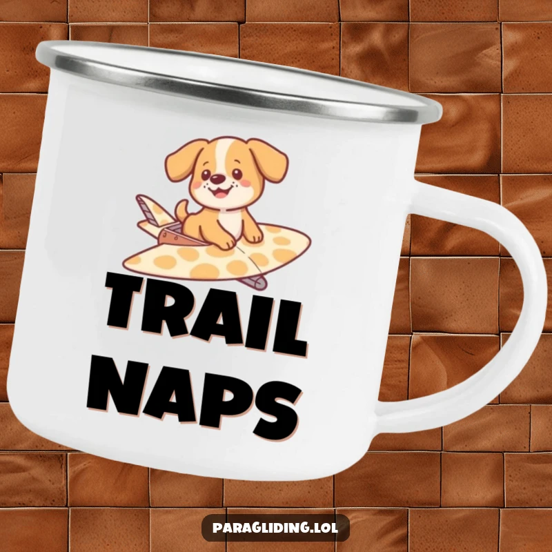Funny camping mug showing a happy dog gently floating on a patterned glider, perfect for enjoying morning coffee amidst nature's beauty.