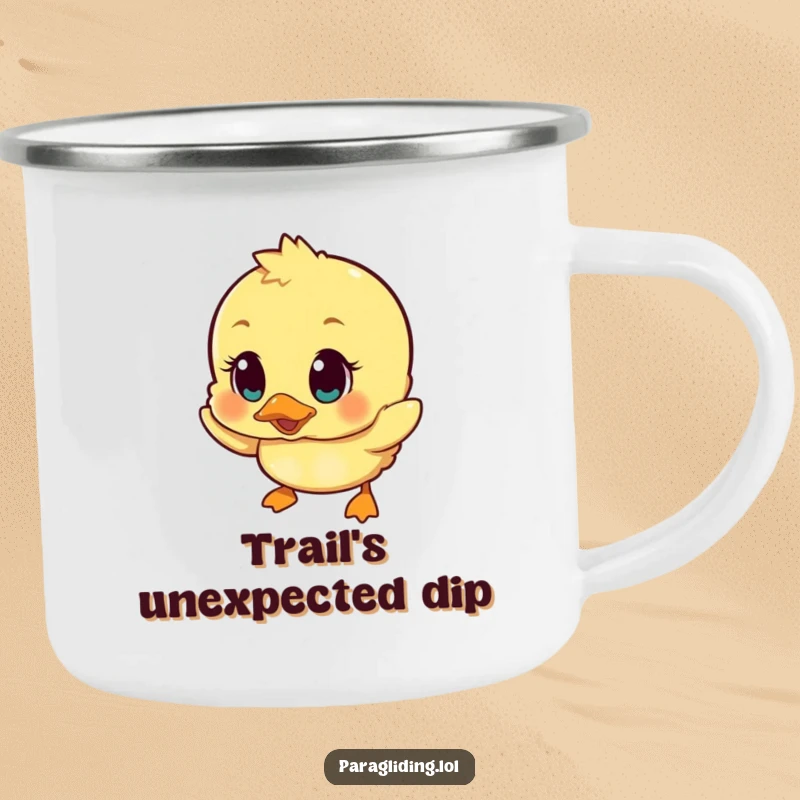 Funny camping mug depicting a wobbly duckling with surprised eyes falling, perfect for outdoor lovers who appreciate humor.