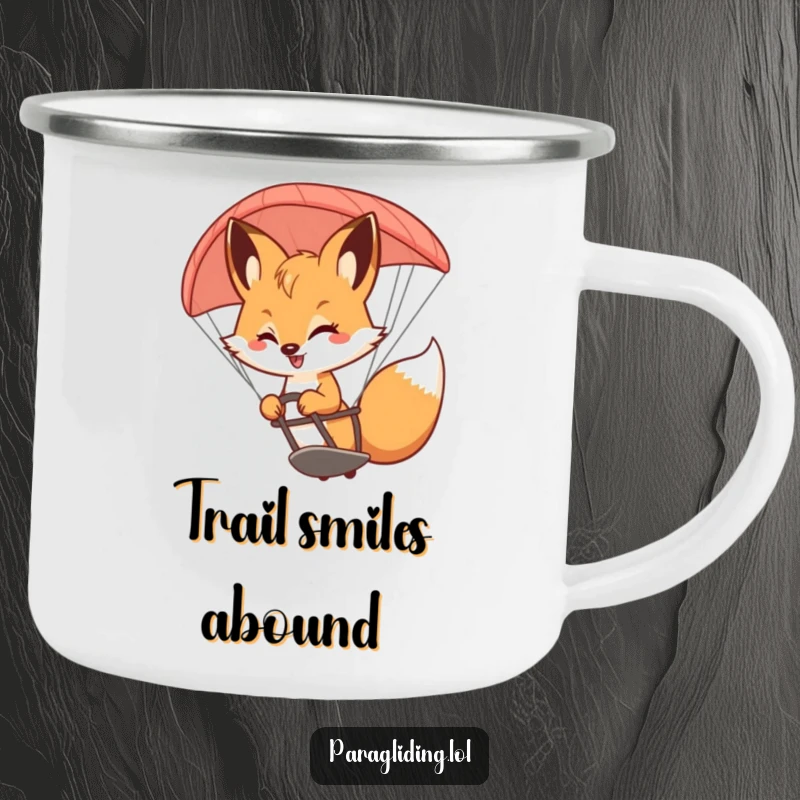 Funny Fox Camping Mug: A durable camping mug with a funny image of a bouncy fox smiling while steering a paraglider.