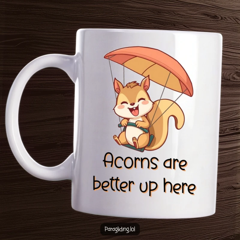 Funny giggling squirrel paragliding with a happy wave on a mug. Joyful and adventurous funny gift for nature lovers.