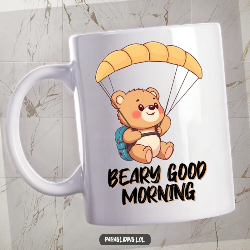 Funny bear cub mug, a curious cub looking amazed by the stunning view from its paraglider high in the sky.