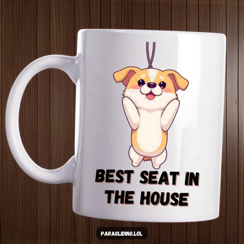 Funny proud dog suspended and enjoying a scenic view on a mug. A delightful and humorous funny gift for dog owners.