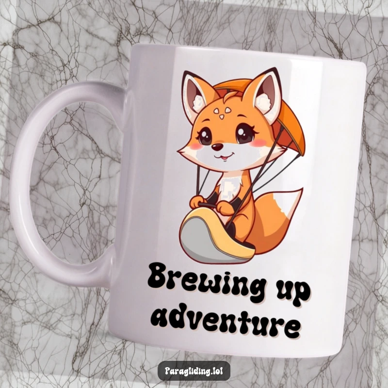 Funny mug depicting a curious fox with a determined face piloting a paraglider, perfect for adventure lovers.