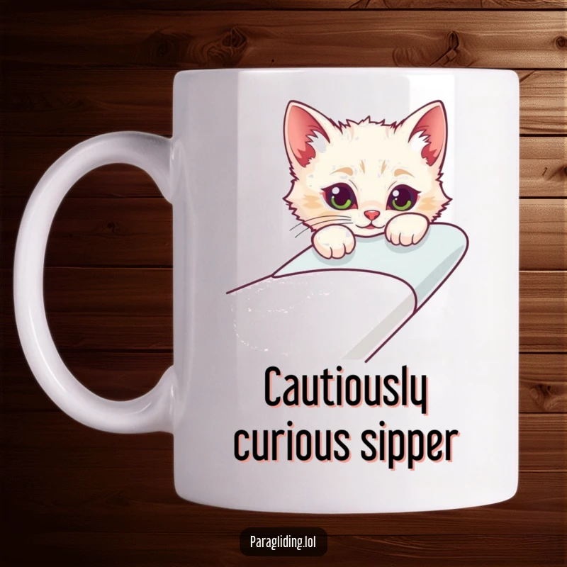 Funny coffee mug featuring a curious cat character peeking over the edge of a whimsical glider, conveying mischief and intrigue.