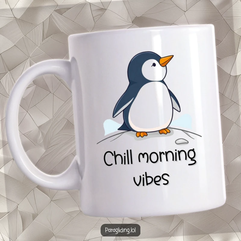 Funny penguin mug, a calm penguin observing the landscape from a high paraglider, perfect for bird lovers.