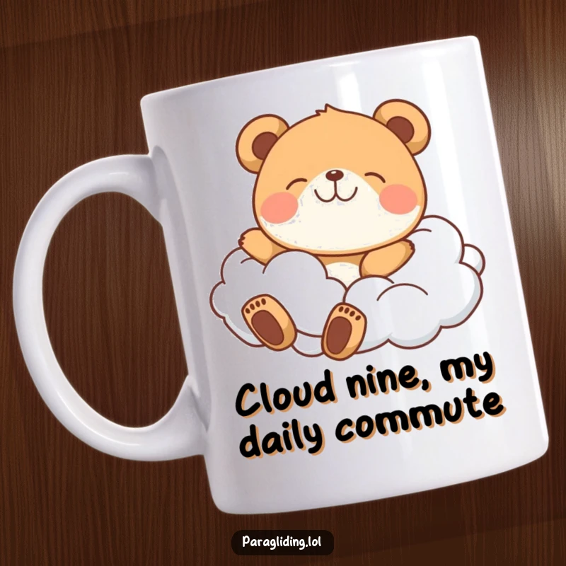 Funny mug with a delighted bear peacefully floating on soft, fluffy clouds, embodying pure joy and relaxation.