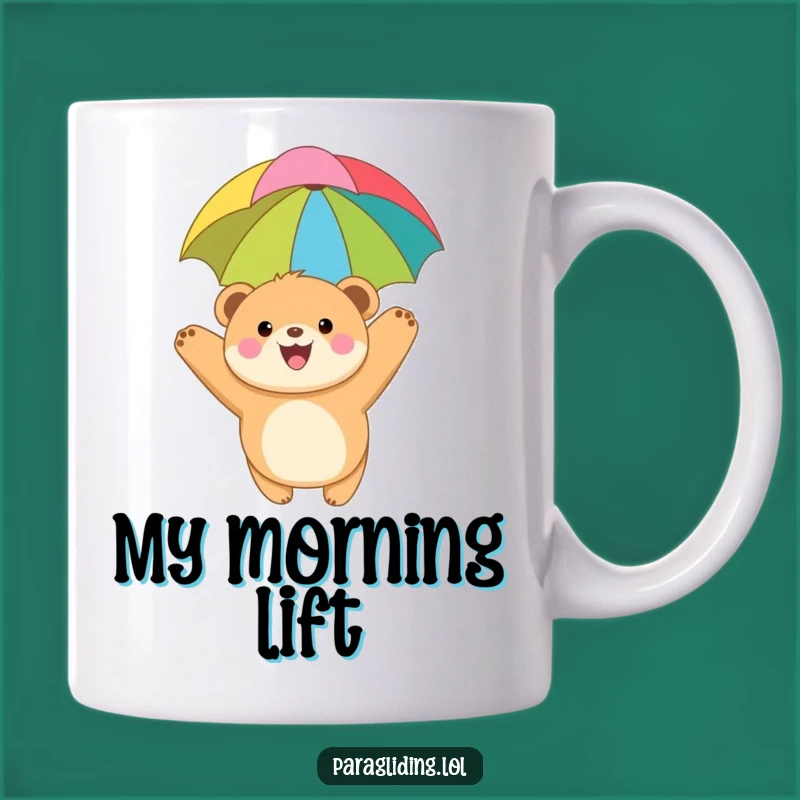 Funny Bear Cub Paragliding Mug: Joyful Character Design for Adventure Lovers & Funny Gift.