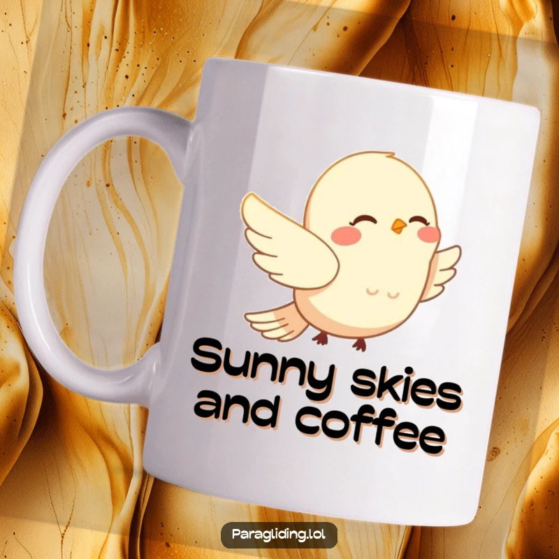 Funny smiling bird peacefully drifting on wind currents on a mug. Serene and joyful funny gift for bird lovers.