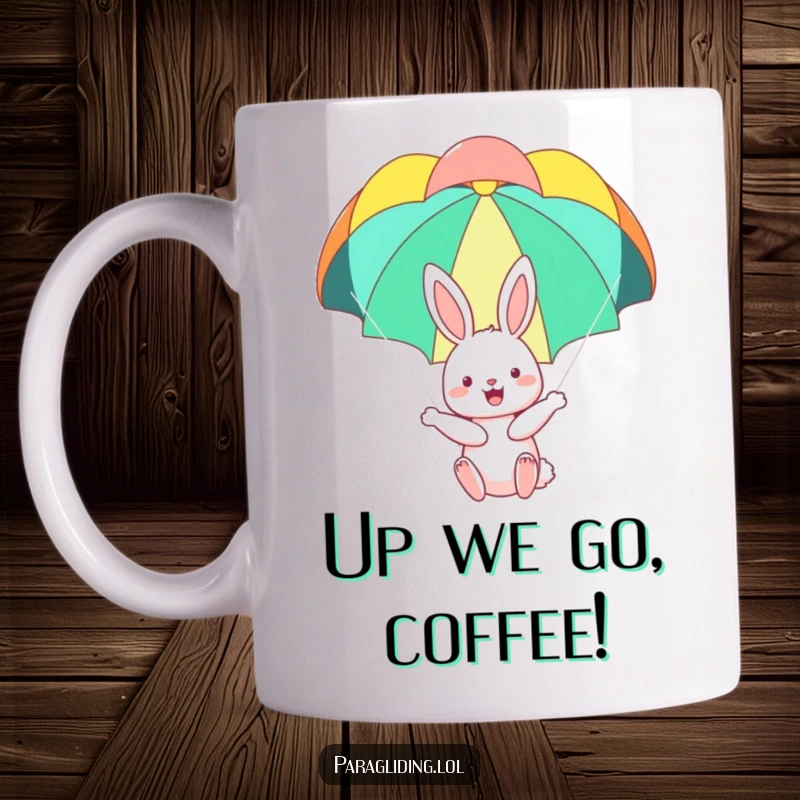 Funny mug featuring a happy bunny floating serenely under a colorful parachute, evoking feelings of joy and carefree adventure.