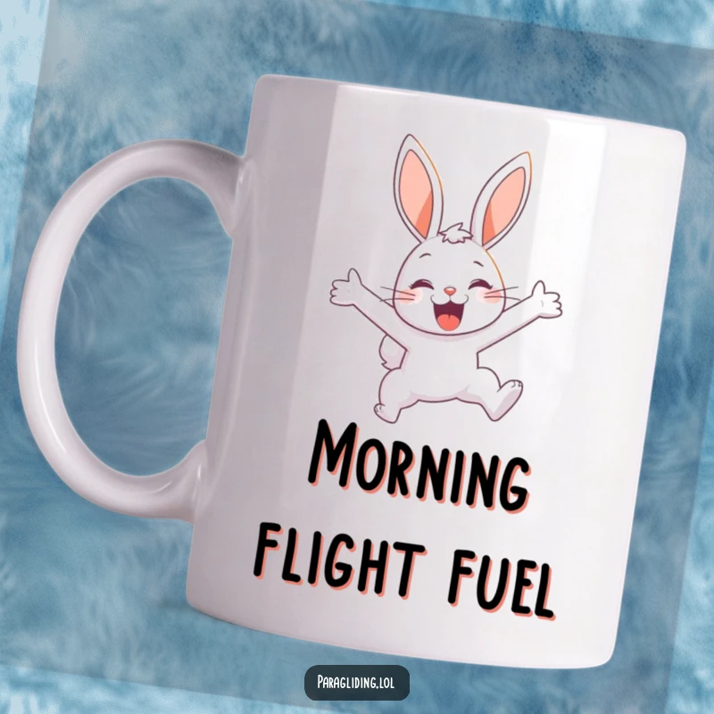 Funny mug featuring a delighted bunny soaring through the sky, embodying pure, humorous joy and freedom.