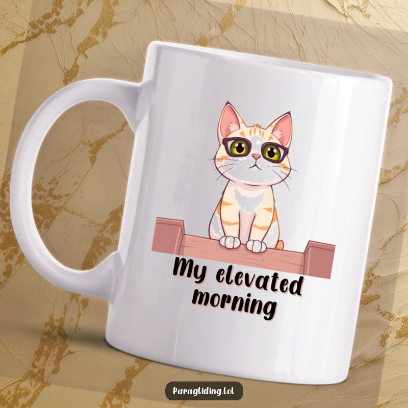 Funny mug featuring a curious cat perched high above, intently observing the world below with wide eyes.