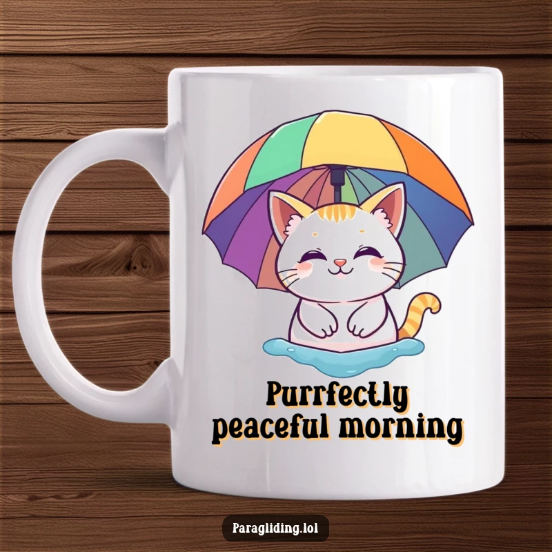 Funny mug: A contented smiling cat peacefully floating under a bright, colorful rainbow umbrella. Embodies cozy safety and feline bliss.