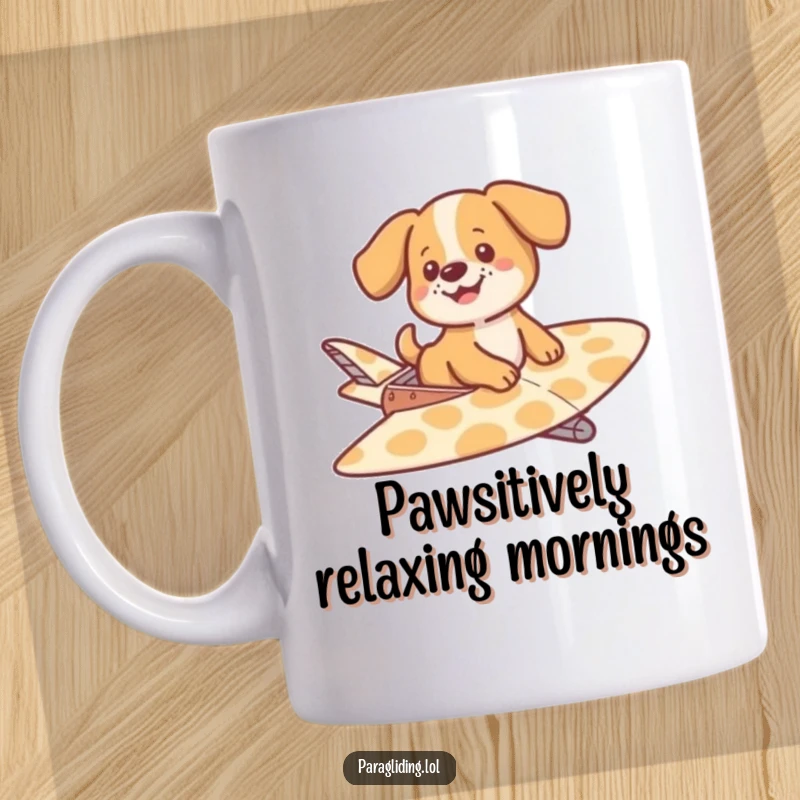 Funny mug showcasing a joyful dog blissfully drifting on a large, patterned glider, radiating peace and happiness in the sky.