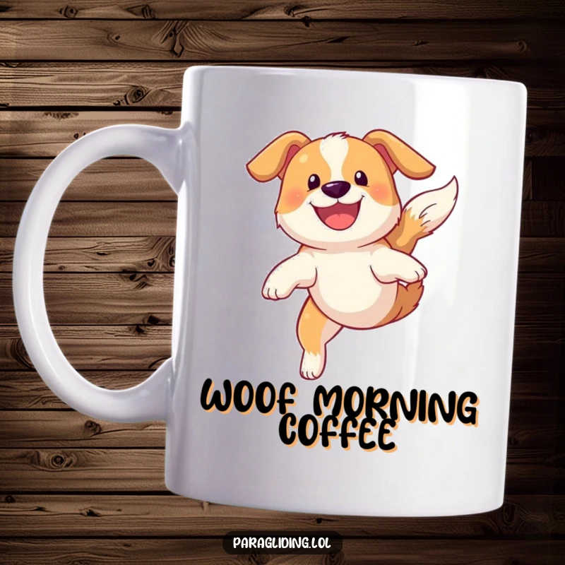 Funny mug featuring a grinning dog soaring gracefully through the sky, embodying pure canine exhilaration and freedom.
