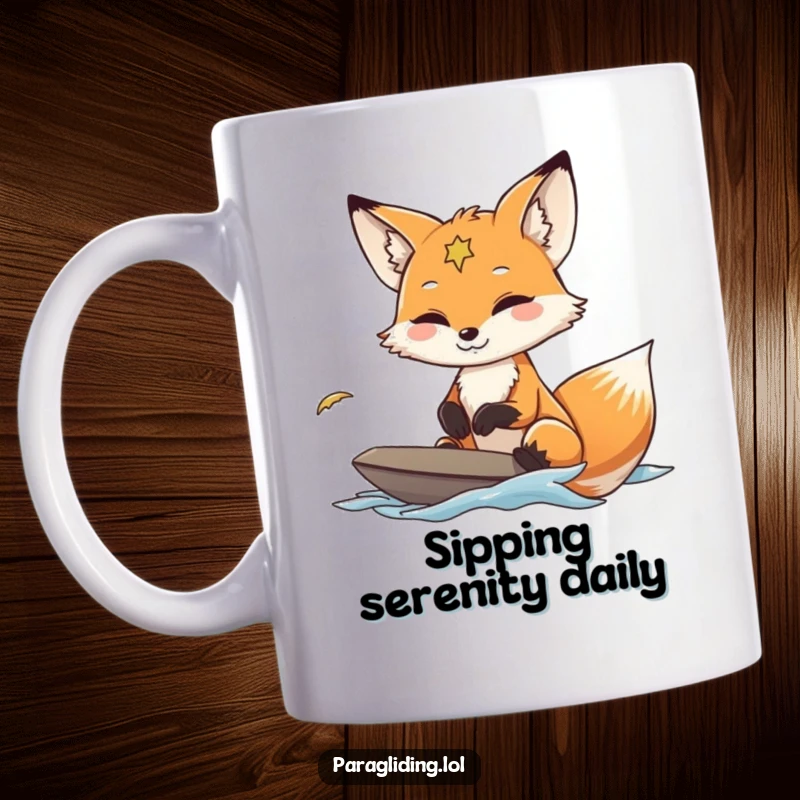 Funny Fox Paraglider Mug shows a fox gracefully navigating wind currents with a serene smile, enjoying a peaceful flight.