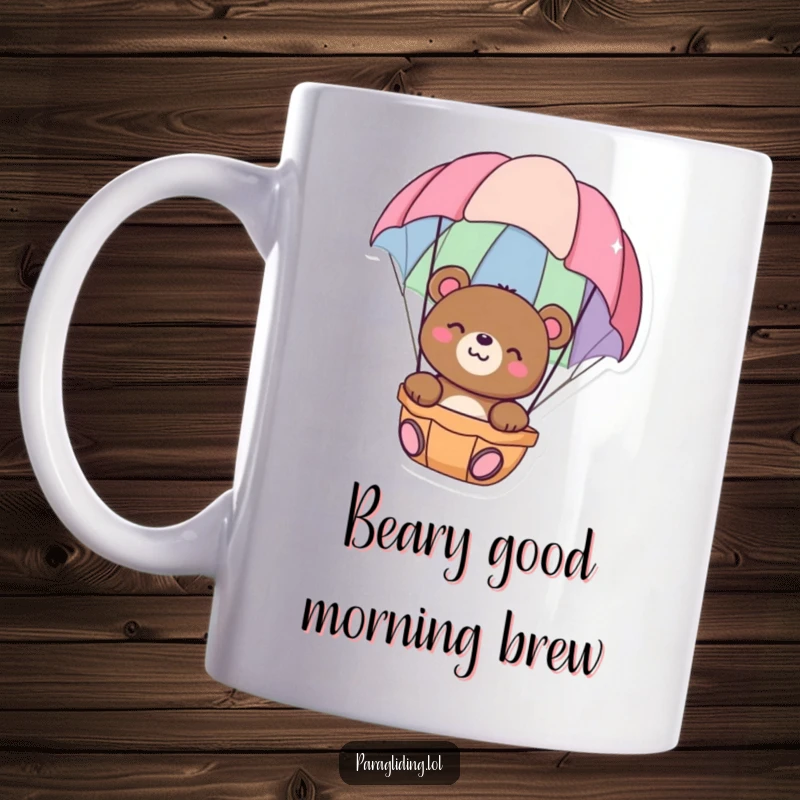 Funny mug with a happy bear floating peacefully in a colorful parachute, conveying serenity and whimsical adventure, a delightful funny gift.