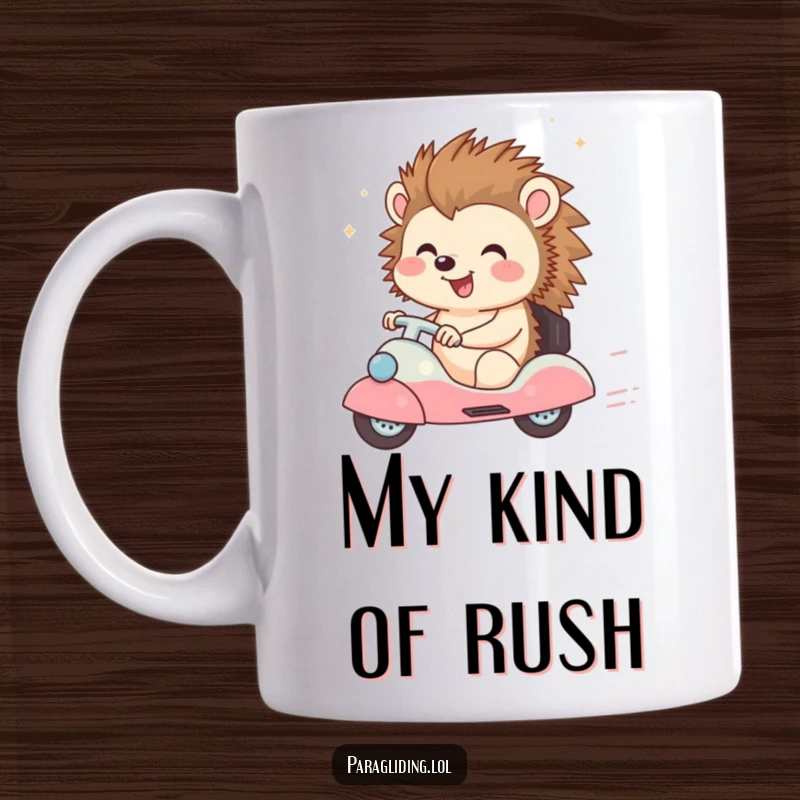 Funny coffee mug featuring a happy hedgehog character with a joyful expression, enjoying a breezy ride, conveying freedom and fun.