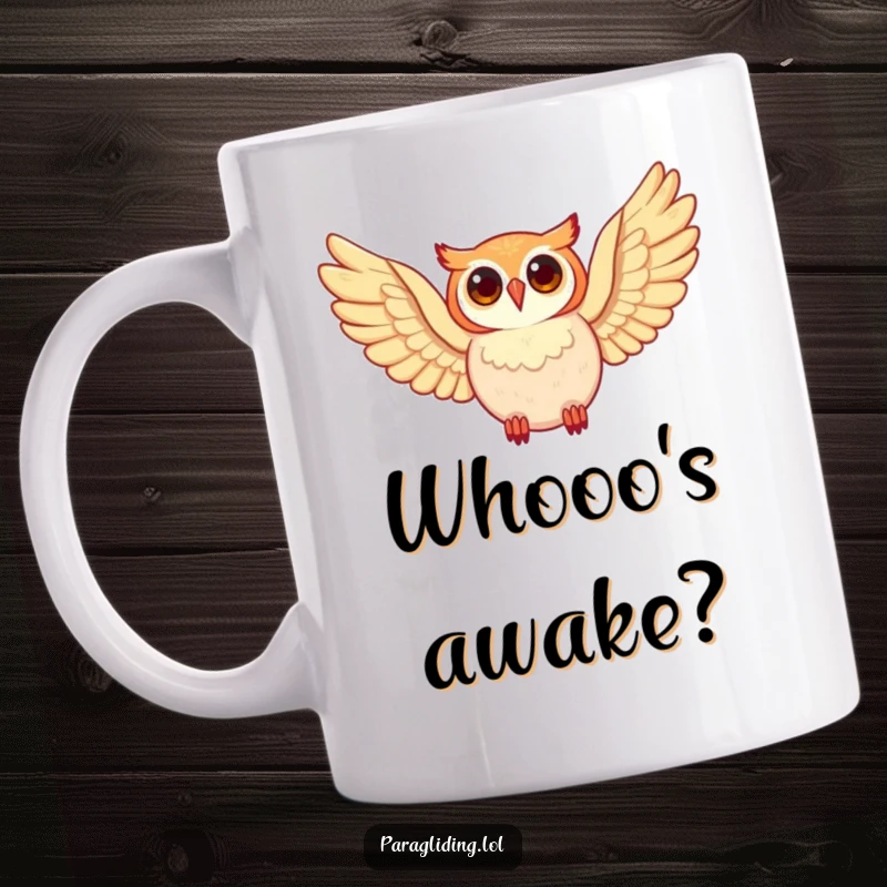 Funny happy owl, soaring majestically through the sky with wide wings, perfect for a funny gift mug.