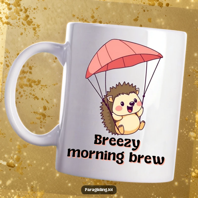 Funny Hedgehog Mug: A cheerful hedgehog delighting in the wind while paragliding, embodying pure, joyful adventure.