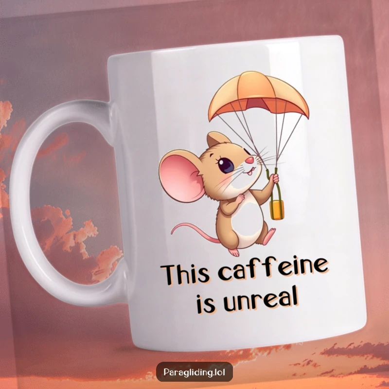 Funny mug showing a small mouse peeking out from a paraglider, looking amazed at the vast sky, capturing wonder.