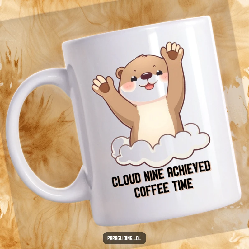 Funny otter waving hello from a cloud, whimsical animal illustration, perfect gift for joy and lightheartedness.