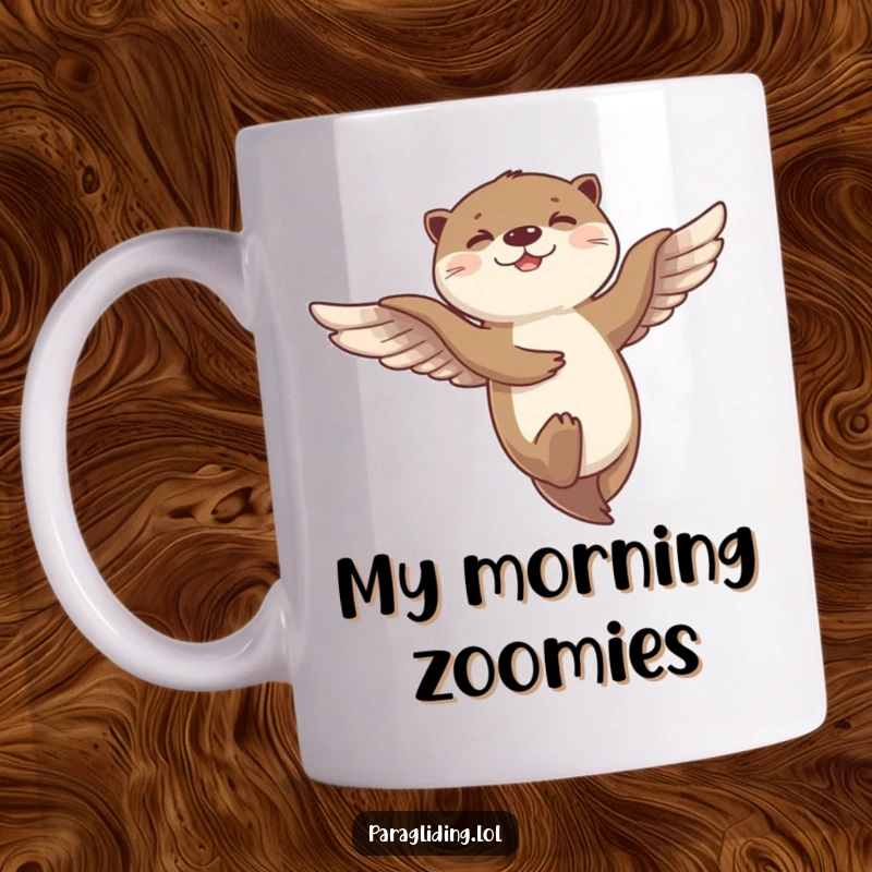 Funny mug featuring a giggling otter joyfully dancing while flying through the breeze, a whimsical and cheerful design.