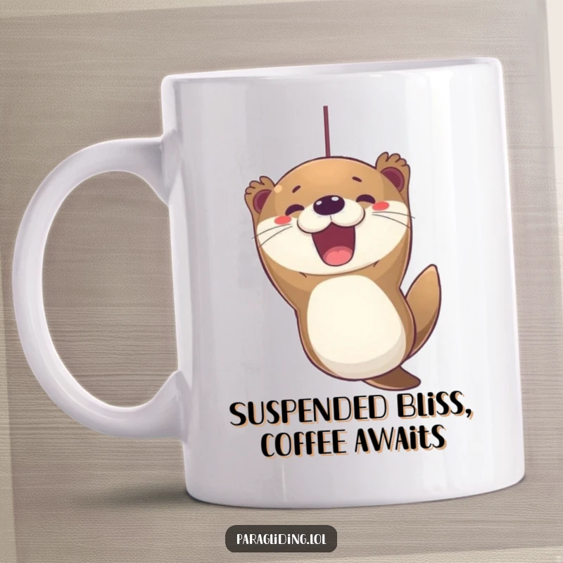 Funny otter paragliding mug, suspended mid-air with an ecstatic, joyful expression, capturing pure adventure bliss.