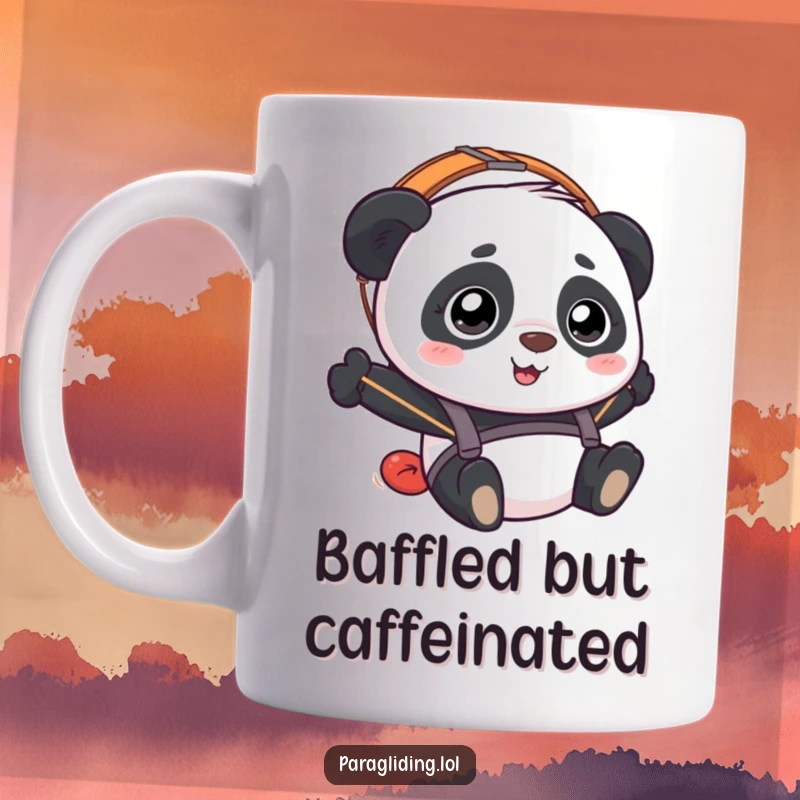 Funny Panda Paraglider Mug shows a panda looking slightly bewildered but happy while paragliding, exuding comical joy.