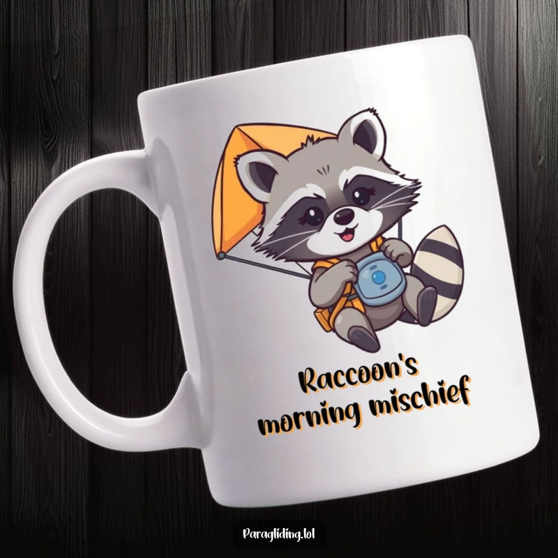 Funny mischievous raccoon playfully tugging on paraglider controls, looking cheeky while flying, on a mug, a great funny gift.